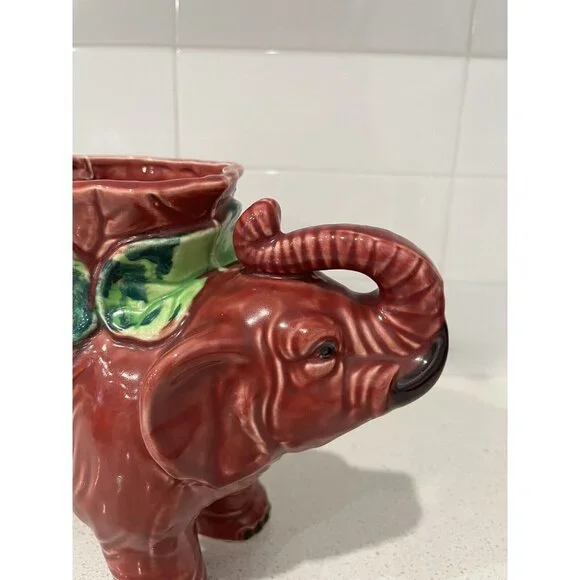 Vintage Ceramic Large Elephant Planter Colorful Made in Japan Pottery Burgundy - Picture 8 of 16